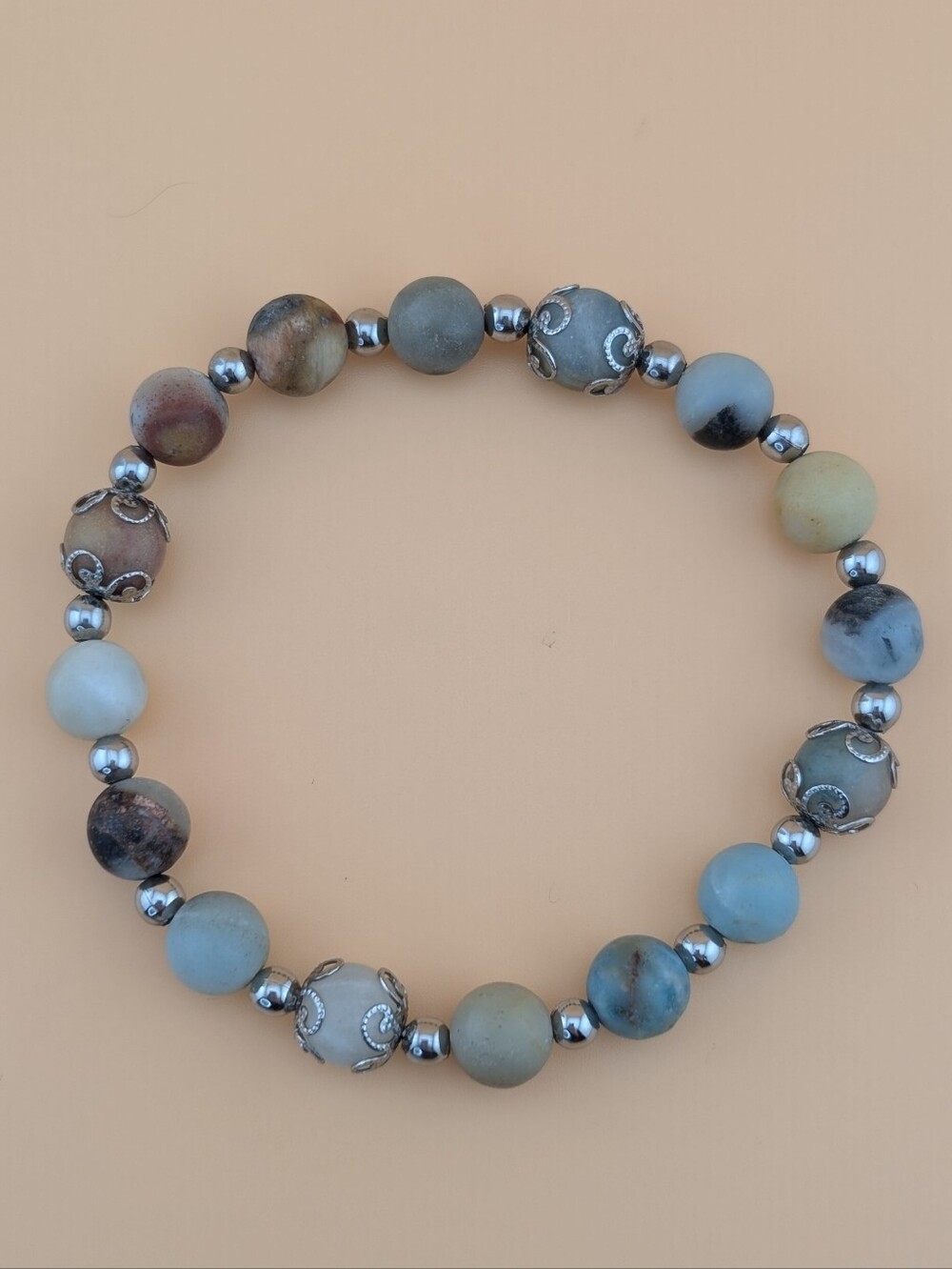 Amazonite Matte Gemstone Beaded Silver Accent Boho Bracelet